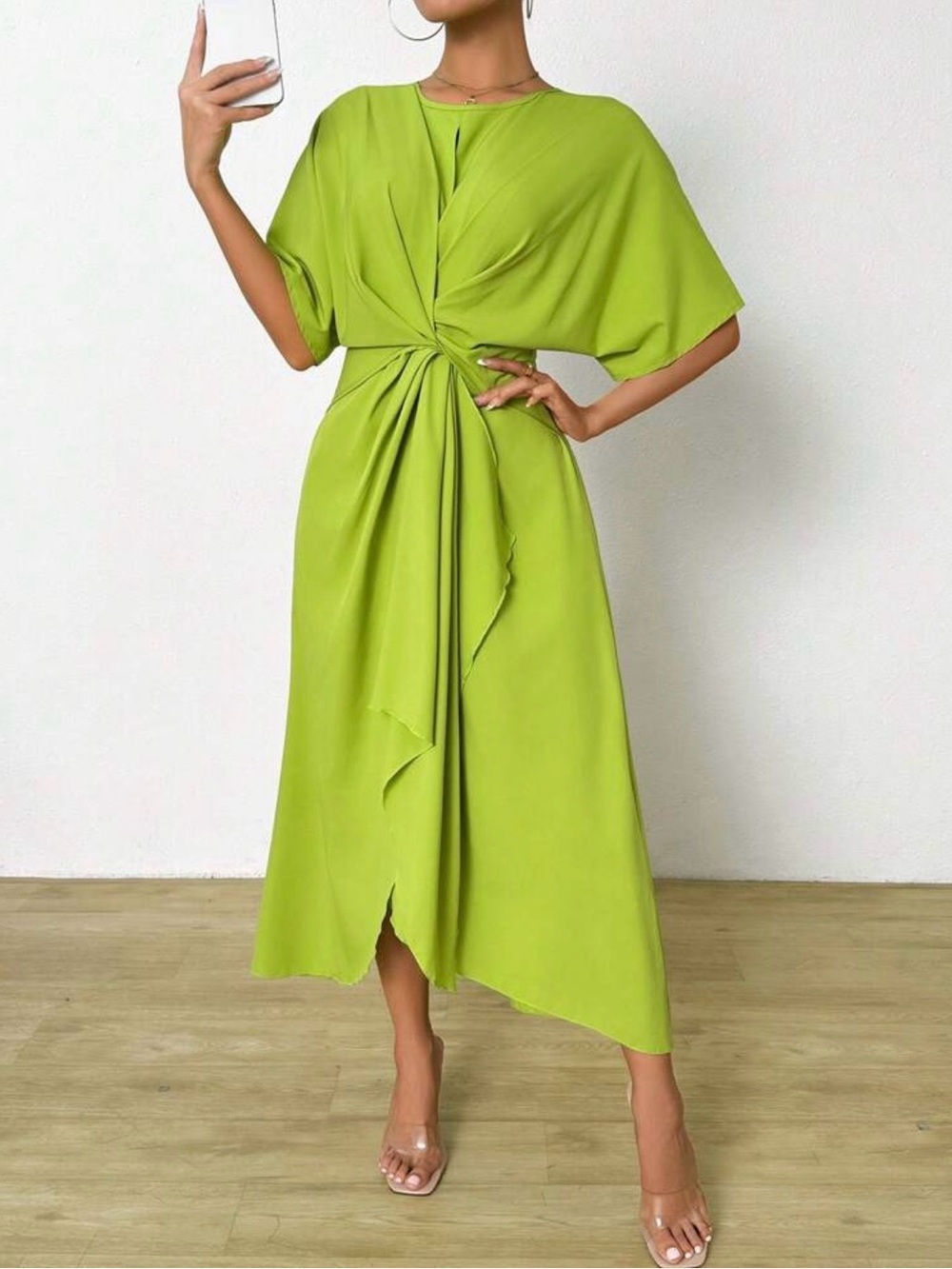 Knot-Front Midi Dress in Lime Green